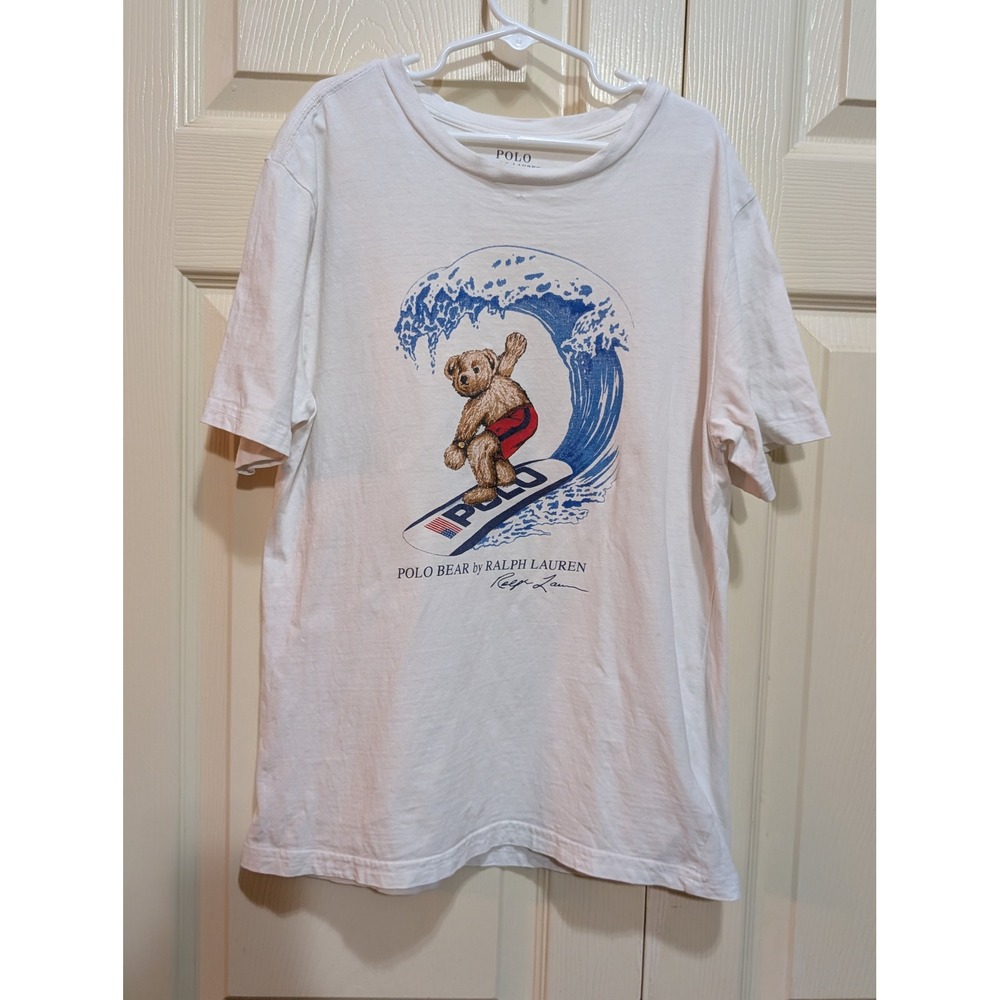 Polo Ralph Lauren VTG Style Surf Polo Bear Graphic Tee White Kids M  Distressed